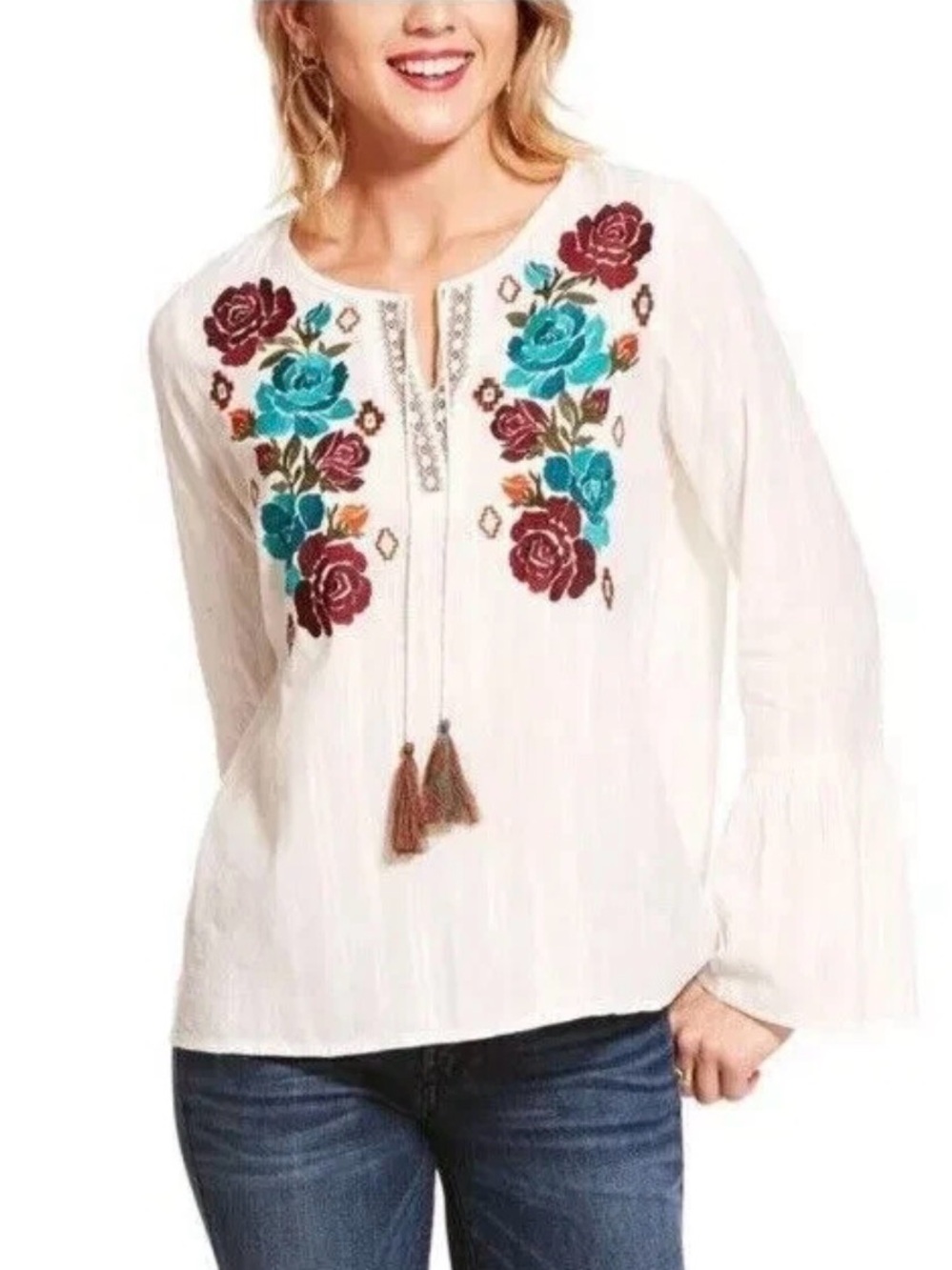Ariat Reflections Tunic Embroidered Top with Bell Sleeve,  Size Medium